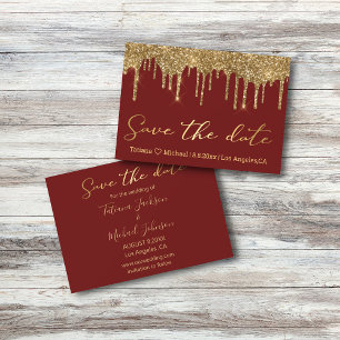 save the date gold dripping glitters red wedding card