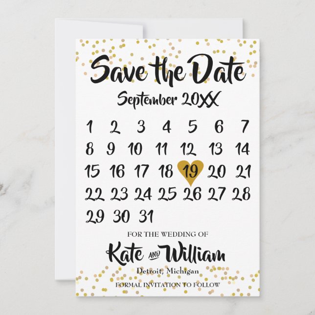 Save The Date Gold Dust Confetti Calendrier Photo Enregistrer la (Devant)