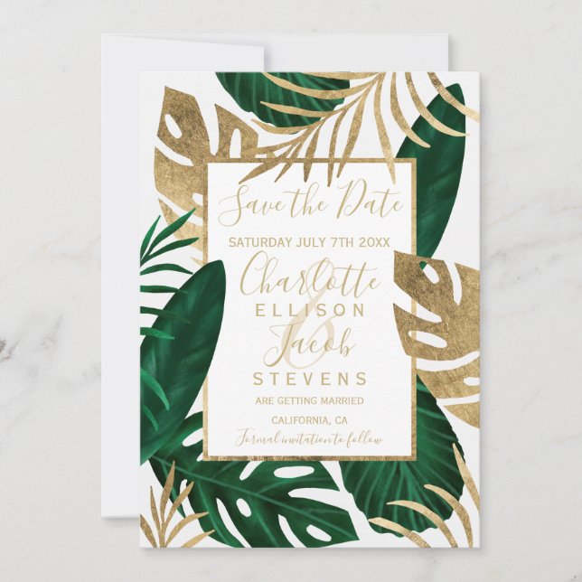 Save The Date Gold feuille verte tropicale enregistrer la date m (Devant)