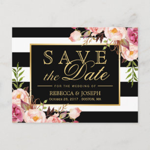 Save the Date - Gold Floral Black & White Stripes Announcement Postcard