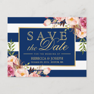 Save the Date - Gold Floral Navy Blue Stripes Announcement Postcard