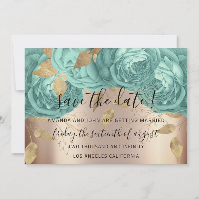 Save The Date Gold Floral Roses Aqua Blue (Front)