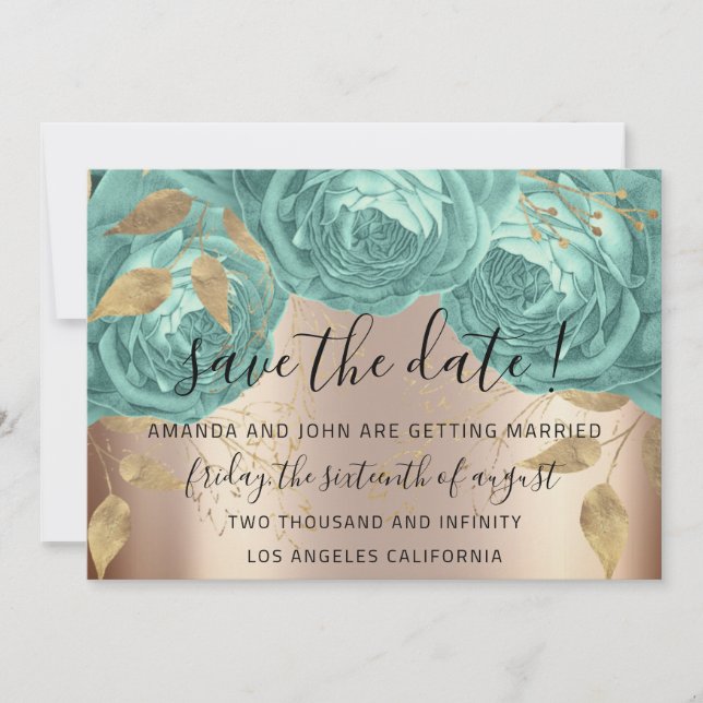 Save The Date Gold Floral Roses Aqua Tiffanyies