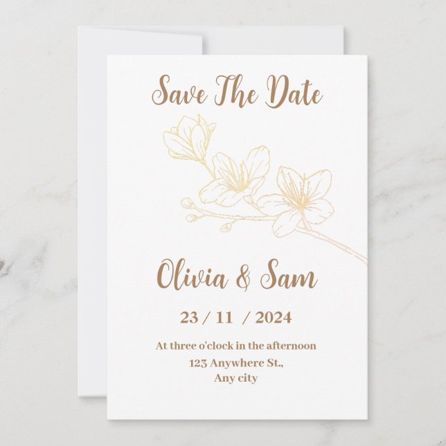 Save The Date Gold Flower Minimal White Enregistrer la date Invi (Devant)
