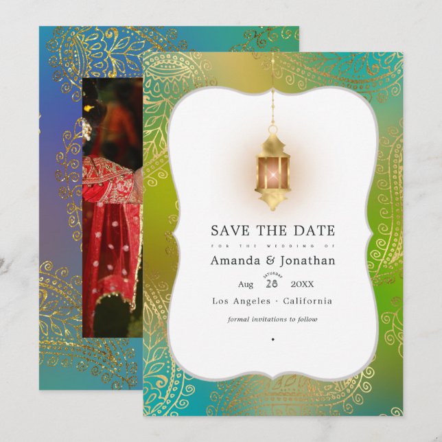 Save The Date Gold Foil Arabian Bollywood Mariage Photo Save the (Devant / Derrière)