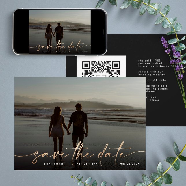 Save The Date Gold Foil Onyx Black Modern Photo QR Code (Créateur téléchargé)