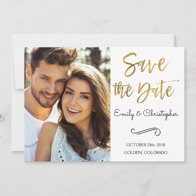 Save The Date Gold Foil Script Wedding Enregistrer la photo Date (Devant)