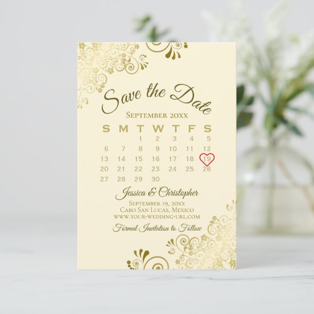 Save The Date Gold Frills Ivory Cream Chic Calendrier Mariage (Debout devant)