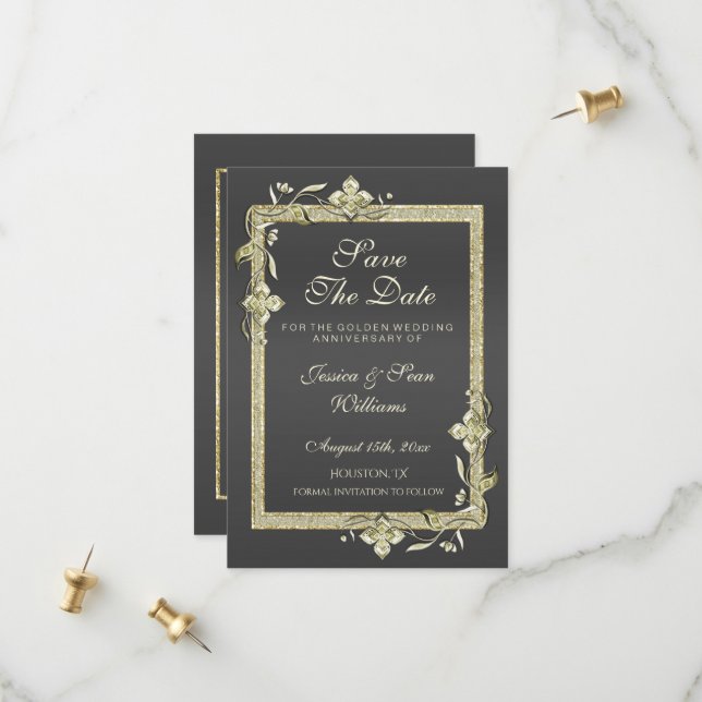 Save The Date Gold Gem & Parties scintillant 50e Mariage d'or (Devant/Arrière en situation)