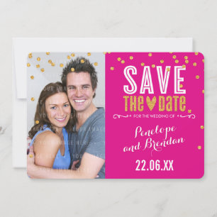SAVE THE DATE gold glitter confetti fuschia pink