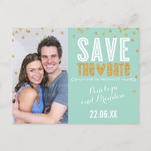 SAVE THE DATE gold glitter confetti trendy mint Announcement Postcard