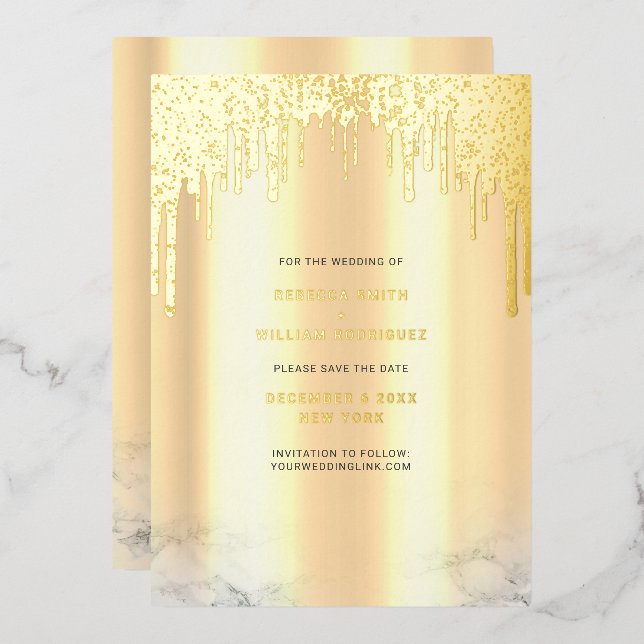 Save The Date Gold Glitter Drips Foil Holiday Card (Front/Back)