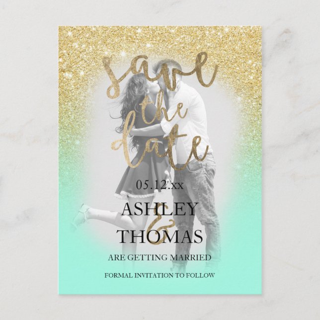 Save the Date gold glitter mint script photo Announcement Postcard (Front)
