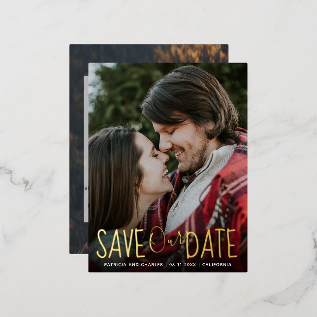 Save the Date gold hand written typography photo Foil Invitation Postcard (Front/Back)
