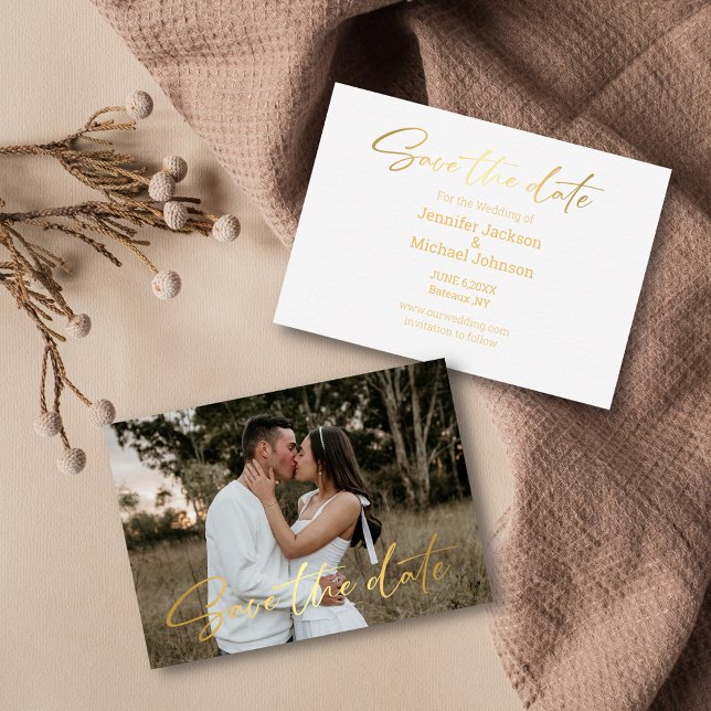 save the date gold handwriting wedding photo card (Creator Uploaded)