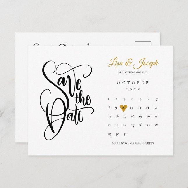 Save the Date Gold Heart Calendar QR Code Announcement Postcard (Front/Back)