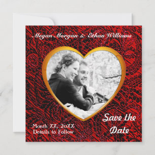 Save The Date Gold Heart Frame & Red Fabric Ajouter une photo