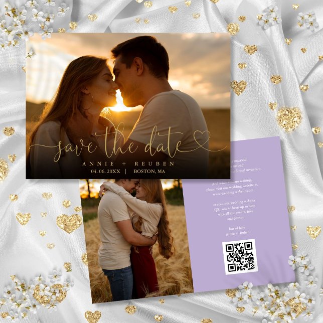 Save The Date Gold Heart Script Photo Mariage QR Code Lavender (Gold Heart Script Photo Wedding QR Code Lavender Save The Date)