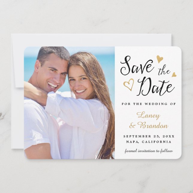 Save The Date Gold Hearts Black White Enregistrer la date Annonc (Devant)