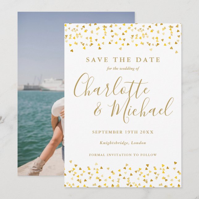 Save The Date Gold Hearts Confetti Script Mariage photo (Devant / Derrière)