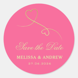 Save the Date Gold Hearts Fuchsia Pink Wedding Classic Round Sticker