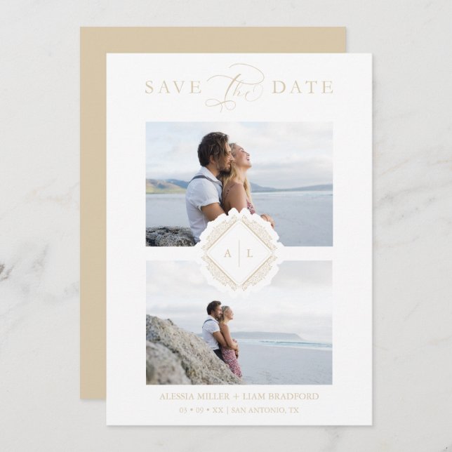 Save The Date Gold Initials Chic Ornament Sophisticated Wedding (Devant / Derrière)