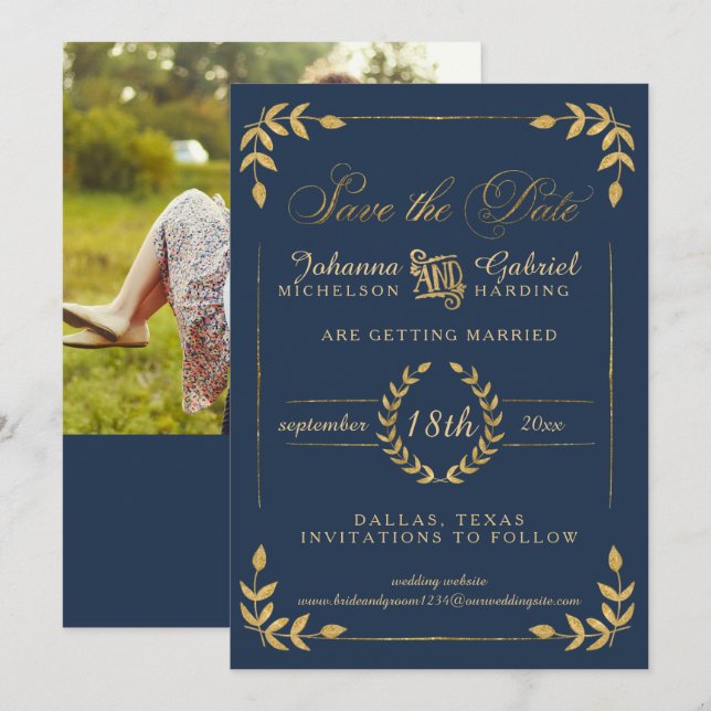 Save The Date Gold Laurel Leaf Photo de la Marine Enregistrer la (Devant / Derrière)