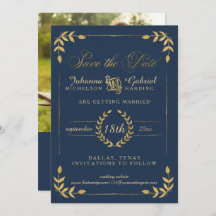 Save The Date Gold Laurel Leaf Photo de la Marine Enregistrer la