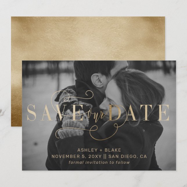 Save The Date Gold Modern Design manuscrit photo de calligraphie (Devant / Derrière)