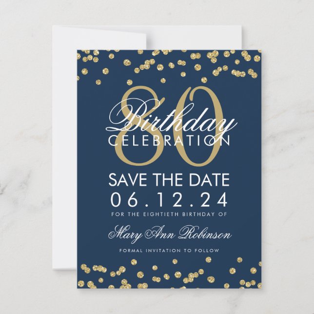 Save The Date Gold Navy Blue 80th Birthday Save Date Confetti (Devant)