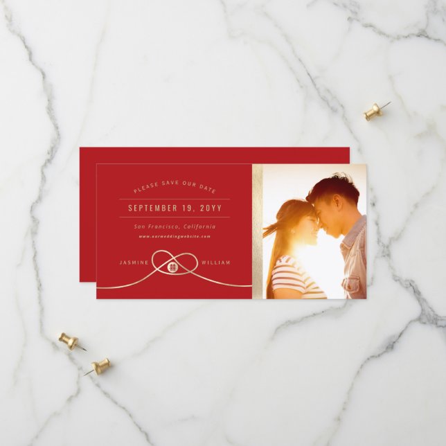 Save The Date Gold noeud double bonheur Mariage chinois Photo (Devant/Arrière en situation)