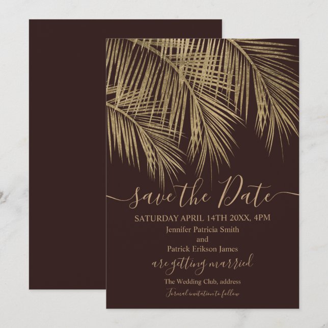 Save The Date Gold palm feuille tropicale rouge enregistrer la d (Devant / Derrière)