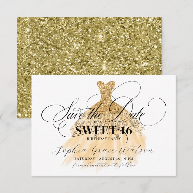 Save The Date Gold Parties scintillant Chic Robe Douce 16 Annive (Devant / Derrière)