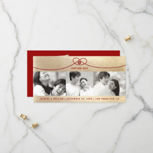 Save The Date Gold & Red Knot Double Happy 3 Photo Chinois