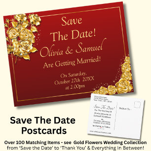 Save The Date - Gold Roses on Maroon Red Announcement Postcard