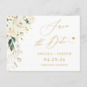 Save the Date Gold Script Green and White Floral Postcard