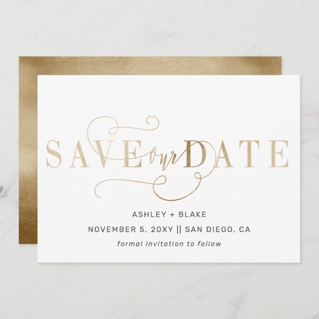 Save The Date Gold Script Moderne Stylet Écriture manuscrite Cal (Devant / Derrière)
