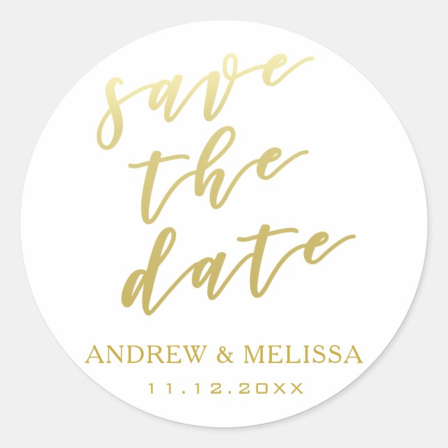 Save the Date | Gold Script Wedding Sticker (Front)
