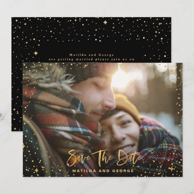 Save The Date Gold stars script photo mariage moderne (Devant / Derrière)