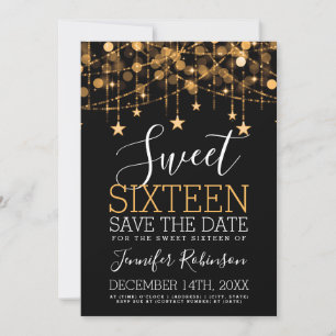 Save The Date Gold Sweet 16 Éclairages à cordes étincelantes Dat