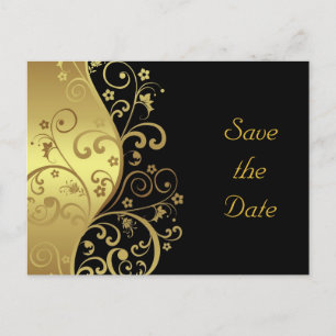 Save the Date--Gold Swirls & Black Announcement Postcard