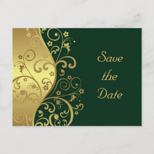 Save the Date--Gold Swirls & Dark Green Announcement Postcard