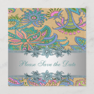 Save The Date Gold Turquoise Paisley Mariage indien Enregistrer 