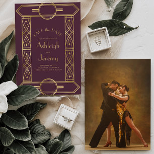 Save The Date Gold Vintage Déco Cadre Bourgogne Photo Mariage