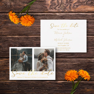 save the date gold wedding 2 photos collage card