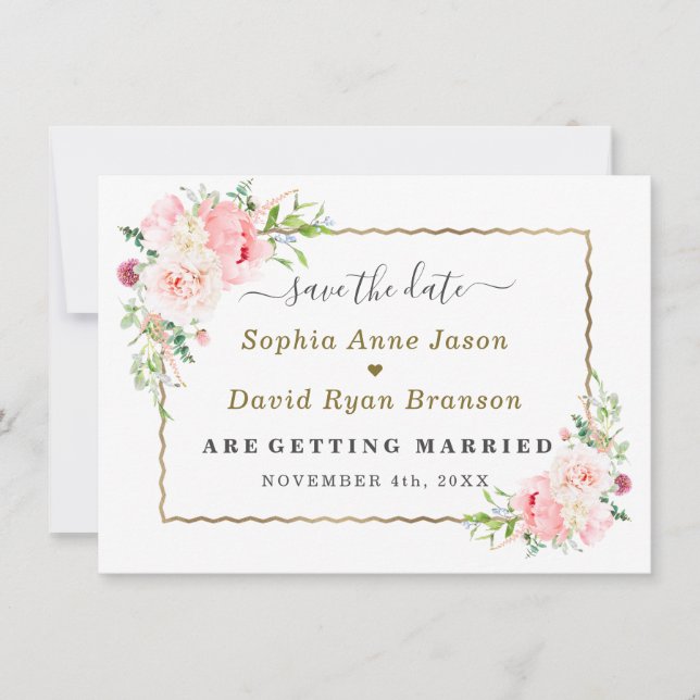 Save The Date Gold Wild Pink Flowers Wedding Calligraphy  (Devant)