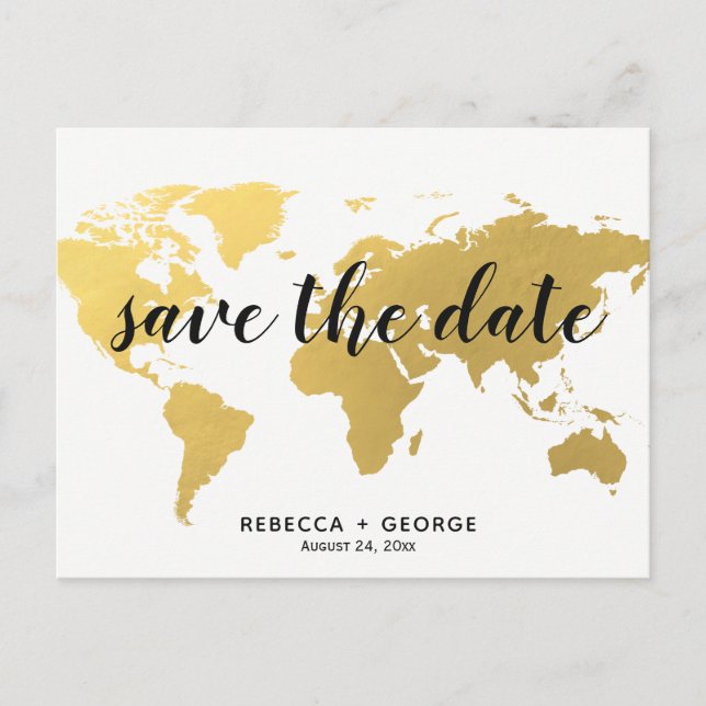 save the date gold world map destination wedding announcement postcard (Front)
