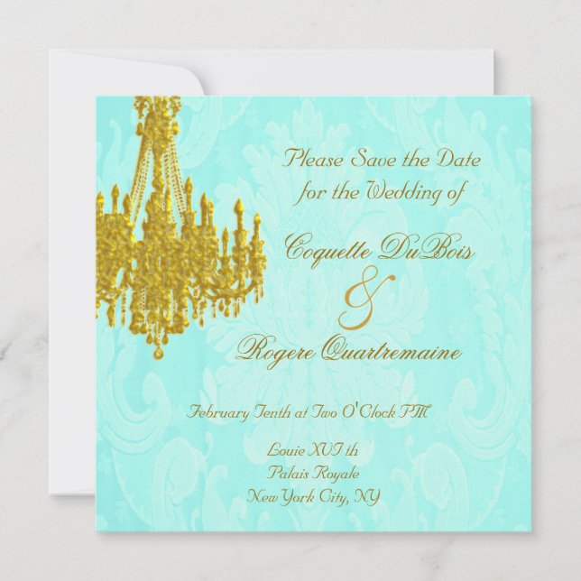 Save the Date Golden Chandelier and Aqua Damask (Front)