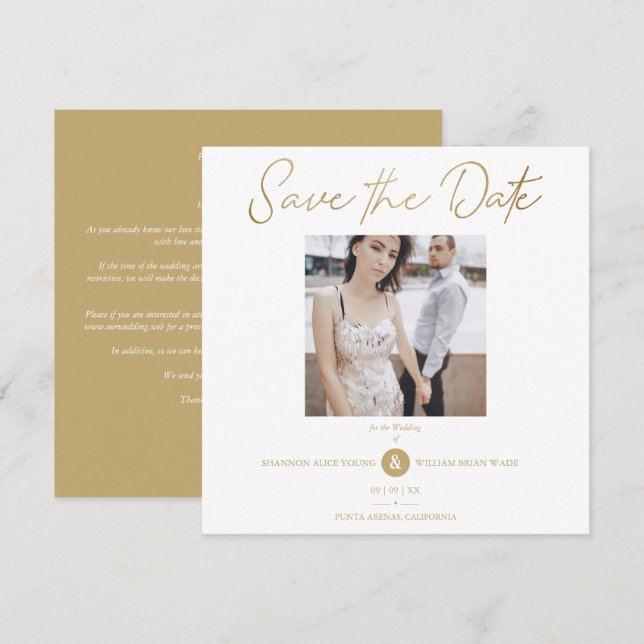Save The Date Golden Effect Elegant Custom Photo Wedding (Devant / Derrière)
