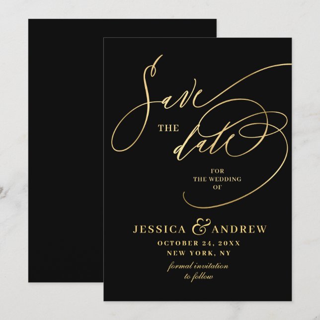 Save The Date Golden Elegant Calligraphie Mariage Enregistrer la (Devant / Derrière)